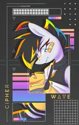 Size: 762x1200 | Tagged: safe, artist:musicfirewind, derpibooru import, oc, oc:cipher wave, unofficial characters only, pony, bandaid, clothes, eyebrows, eyebrows visible through hair, image, jpeg, solo