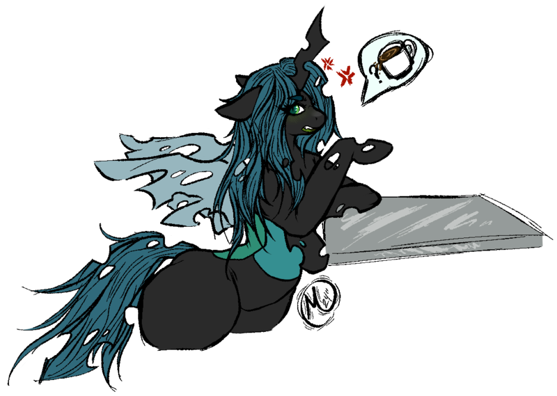 Size: 1182x840 | Tagged: safe, artist:momma-fleur, derpibooru import, queen chrysalis, changeling, changeling queen, coffee, coffee cup, coffee mug, cup, digital art, female, image, irritated, mug, png, signature, simple background, thighs, thunder thighs, transparent background