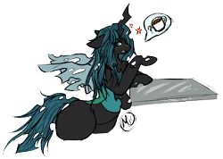 Size: 1182x840 | Tagged: safe, artist:momma-fleur, derpibooru import, queen chrysalis, changeling, changeling queen, coffee, coffee cup, coffee mug, cup, digital art, female, image, irritated, mug, png, signature, simple background, thighs, thunder thighs, transparent background