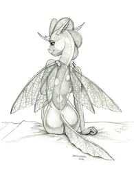 Size: 1025x1311 | Tagged: suggestive, artist:baron engel, derpibooru import, ocellus, anthro, changedling, changeling, bed, butt, female, g4, image, jpeg, looking back, monochrome, nudity, ocellass, pencil drawing, simple background, solo, traditional art