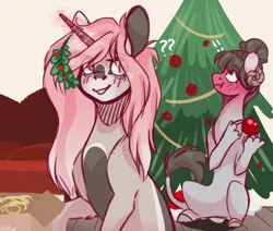 Size: 1280x1084 | Tagged: safe, artist:pixelberrry, derpibooru import, oc, oc:precilla, unofficial characters only, goat, pony, unicorn, christmas, christmas ornament, christmas tree, decoration, female, holiday, holly, horn, image, jpeg, mare, tree