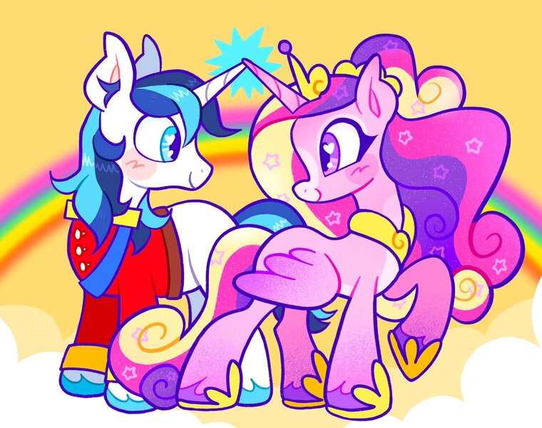 Size: 2048x1616 | Tagged: safe, artist:alexbeeza, derpibooru import, princess cadance, shining armor, alicorn, pony, unicorn, alternate design, alternate hairstyle, blaze (coat marking), blue eyes, blue mane, blue tail, blushing, clothes, cloud, coat markings, colored belly, colored ear fluff, colored eartips, colored hooves, colored pinnae, colored wings, crown, duo, duo male and female, ear fluff, eyelashes, eyeshadow, facial markings, facing each other, female, g4, gradient legs, gradient wings, heart, heart eyes, hoof shoes, horn, horns are touching, image, jewelry, jpeg, long mane, looking at each other, looking at someone, makeup, male, mare, multicolored mane, multicolored tail, pale belly, partially open wings, pink coat, princess shoes, purple eyes, rainbow, raised hoof, regalia, ship:shiningcadance, shipping, sky background, smiling each other, sparkly mane, sparkly tail, stallion, standing, straight, tail, tiara, two toned mane, two toned tail, two toned wings, unicorn horn, uniform, unshorn fetlocks, wavy mane, wavy tail, white coat, wingding eyes, wings