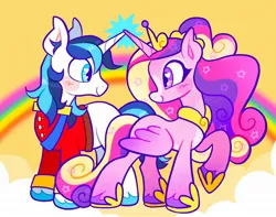 Size: 2048x1616 | Tagged: safe, artist:alexbeeza, derpibooru import, princess cadance, shining armor, alicorn, pony, unicorn, alternate design, alternate hairstyle, blaze (coat marking), blue eyes, blue mane, blue tail, blushing, clothes, cloud, coat markings, colored belly, colored ear fluff, colored eartips, colored hooves, colored pinnae, colored wings, crown, duo, duo male and female, ear fluff, eyelashes, eyeshadow, facial markings, facing each other, female, g4, gradient legs, gradient wings, heart, heart eyes, hoof shoes, horn, horns are touching, image, jewelry, jpeg, long mane, looking at each other, looking at someone, makeup, male, mare, multicolored mane, multicolored tail, pale belly, partially open wings, pink coat, princess shoes, purple eyes, rainbow, raised hoof, regalia, ship:shiningcadance, shipping, sky background, smiling each other, sparkly mane, sparkly tail, stallion, standing, straight, tail, tiara, two toned mane, two toned tail, two toned wings, unicorn horn, uniform, unshorn fetlocks, wavy mane, wavy tail, white coat, wingding eyes, wings