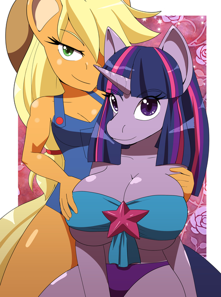 Size: 2237x3000 | Tagged: suggestive, artist:kojiro-brushard, derpibooru import, applejack, twilight sparkle, anthro, earth pony, unicorn, big breasts, breasts, busty twilight sparkle, cleavage, clothes, cowboy hat, duo, duo female, female, g4, hand on breasts, hat, horn, image, jpeg, looking at you, overalls, panties, underwear