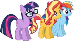 Size: 1077x591 | Tagged: safe, artist:pascalmulokozi2, derpibooru import, edit, edited screencap, screencap, rainbow dash, sci-twi, sunset shimmer, twilight sparkle, ponified, earth pony, pegasus, pony, unicorn, equestria girls, equestria girls series, spring breakdown, spoiler:eqg series (season 2), background removed, equestria girls ponified, g4, horn, image, not a vector, png, unicorn twilight