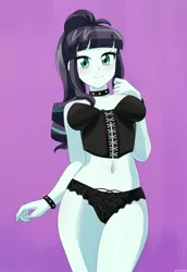 Size: 825x1200 | Tagged: suggestive, alternate version, artist:riouku, derpibooru import, coloratura, equestria girls, bedroom eyes, belly button, belly piercing, black underwear, blushing, bracelet, breasts, choker, clothes, commission, corset, female, g4, image, jpeg, panties, piercing, purple background, rara, simple background, solo, solo female, spiked choker, spiked wristband, underwear, wristband