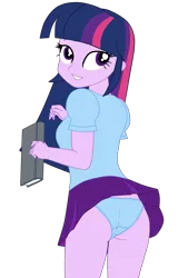 Size: 2781x4352 | Tagged: suggestive, artist:gmaplay, derpibooru import, twilight sparkle, equestria girls, blue underwear, book, butt, clothes, female, g4, image, panties, png, simple background, solo, solo female, transparent background, twibutt, underwear