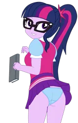 Size: 2781x4352 | Tagged: suggestive, artist:gmaplay, derpibooru import, sci-twi, twilight sparkle, equestria girls, blue underwear, book, butt, clothes, female, g4, glasses, image, panties, png, sci-twi outfits, sci-twibutt, simple background, solo, solo female, transparent background, twibutt, underwear
