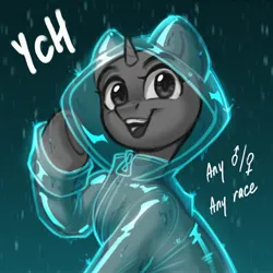Size: 2048x2048 | Tagged: safe, artist:amishy, derpibooru import, pony, unicorn, bust, commission, horn, image, jpeg, looking at you, open mouth, open smile, rain, raincoat, smiling, smiling at you, solo, text, your character here