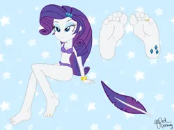 Size: 2732x2048 | Tagged: suggestive, artist:redhorney, derpibooru import, rarity, human, equestria girls, barefoot, bra, clothes, cutie mark on human, feather, feet, female, g4, image, png, solo, toes, underwear