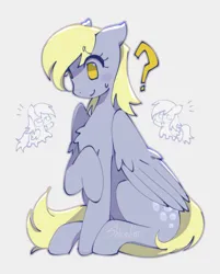 Size: 1071x1330 | Tagged: safe, artist:shinehop69, derpibooru import, derpy hooves, pegasus, pony, blush sticker, blushing, chest fluff, chibi, eye clipping through hair, eyebrows, eyebrows visible through hair, female, folded wings, g4, gray background, gray coat, grin, image, jpeg, mare, nervous, nervous grin, question mark, raised hoof, signature, simple background, sitting, smiling, solo, sparkly mane, sparkly tail, tail, triality, wing fluff, wingding eyes, wings, yellow eyes, yellow mane, yellow tail