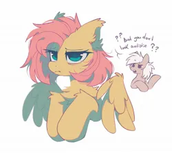 Size: 1870x1670 | Tagged: safe, artist:mirtash, derpibooru import, fluttershy, pegasus, pony, alternate hairstyle, annoyed, autism, autism spectrum disorder, bags under eyes, big eyes, blue eyes, chest fluff, dialogue, duo, ear fluff, eyebrows, eyebrows visible through hair, female, fluttershy is not amused, frown, image, jpeg, leg fluff, mare, messy mane, open mouth, partially open wings, pink coat, pink mane, raised eyebrow, sad, short mane, simple background, solo focus, text, tired, tired eyes, unamused, white background, wing fluff, wingding eyes, wings, yellow coat