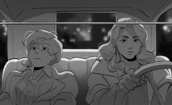 Size: 2048x1257 | Tagged: safe, artist:tulliok, derpibooru import, starlight glimmer, trixie, human, better call saul, black and white, driving, duo, female, grayscale, humanized, image, jpeg, monochrome, the grand galloping 20s, trans female, transgender