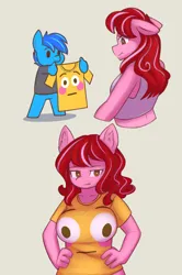 Size: 1996x3000 | Tagged: suggestive, artist:zeroonesunray, derpibooru import, oc, oc:darie, oc:lunnita, anthro, pony, clothes, emoji, female, image, male, mare, meme, png