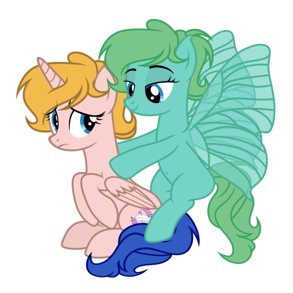 Size: 4908x4912 | Tagged: safe, artist:equestria secret guard, derpibooru import, oc, oc:milia, oc:米亚, unofficial characters only, alicorn, goo, goo pony, original species, pony, alicorn oc, belly button, butterfly wings, duo, duo female, female, horn, image, mare, massage, png, simple background, sitting, transparent background, wings