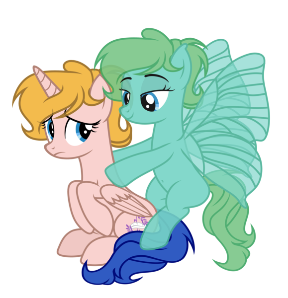 Size: 4853x5029 | Tagged: safe, artist:equestria secret guard, derpibooru import, oc, oc:milia, oc:米亚, unofficial characters only, alicorn, goo, goo pony, original species, pony, alicorn oc, belly button, butterfly wings, duo, duo female, female, horn, image, mare, massage, png, simple background, sitting, transparent background, wings