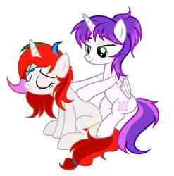 Size: 5033x5095 | Tagged: safe, artist:equestria secret guard, derpibooru import, oc, oc:purple rose, oc:shallow light, unofficial characters only, alicorn, pony, unicorn, alicorn oc, belly button, duo, duo female, female, horn, image, mare, massage, png, simple background, sitting, transparent background, unicorn oc, wings