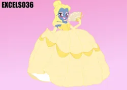 Size: 1130x800 | Tagged: safe, artist:excelso36, ponerpics import, ponybooru import, oc, oc:azure/sapphire, unofficial characters only, human, equestria girls, blushing, clothes, crossdressing, dress, femboy, image, jpeg, makeup, male, nervous, princess gown, simple background, solo, wig
