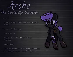 Size: 3100x2400 | Tagged: safe, artist:arche, derpibooru import, oc, oc:arche medley, earth pony, pony, series:archeverse, alternate universe, bag, bandage, bandaged leg, blood, boots, clothes, colt, earth pony oc, foal, image, infectionau, leather, leather boots, male, png, saddle bag, scrapes, shoes, solo