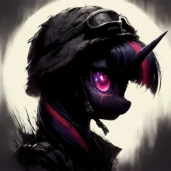 Size: 4096x4096 | Tagged: semi-grimdark, ai content, derpibooru import, machine learning generated, prompter:enterusxrname, twilight sparkle, pony, absurd resolution, army helmet, bust, g4, generator:bing image creator, generator:dall-e 3, goggles, helmet, image, jpeg, side view, simple background, solo, upscaled, war