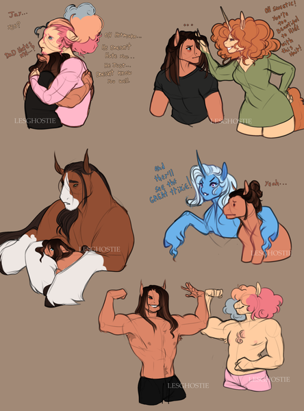 Size: 2000x2700 | Tagged: safe, artist:lesghostie, derpibooru import, pumpkin cake, trixie, trouble shoes, oc, oc:james jester pie, oc:simon cinnamon pie, anthro, earth pony, pony, unicorn, armpit hair, bicep flex, brothers, brown background, chest fluff, clothes, colt, comforting, crying, female, flexing, foal, gratuitous spanish, hair over eyes, hair over one eye, hoof around neck, horn, hug, image, male, mare, muscles, muscular male, offspring, older, older pumpkin cake, parent:cheese sandwich, parent:pinkie pie, parents:cheesepie, partial nudity, png, pose, siblings, simple background, stallion, topless, unshorn fetlocks