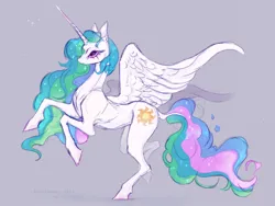 Size: 1280x964 | Tagged: safe, artist:hostbaan, derpibooru import, princess celestia, alicorn, pony, colored, concave belly, female, fit, g4, horn, image, jpeg, large wings, long horn, long mane, mare, partially open wings, rearing, side view, sketch, slender, solo, sternocleidomastoid, tall, thin, wings