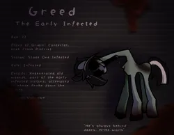 Size: 3100x2400 | Tagged: semi-grimdark, artist:arche, derpibooru import, oc, oc:greed, pony, unicorn, series:arche's infection au, alternate universe, blood, clothes, crying, empty eyes, horn, image, infected, infection, infectionau, long neck, mlp infection, mlpinfectionau, monster, png, scrapes, solo, tears of blood, torn clothes, unicorn oc