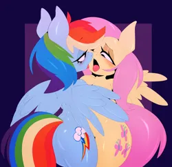 Size: 3100x3000 | Tagged: suggestive, artist:ephemilie, derpibooru import, fluttershy, rainbow dash, anthro, pegasus, pony, after kiss, drool, drool string, female, flutterdash, g4, image, lesbian, mare, passepartout, png, purple background, shipping, simple background, tongue out