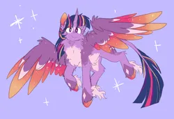 Size: 1914x1309 | Tagged: safe, artist:pretzelprince, derpibooru import, twilight sparkle, twilight sparkle (alicorn), alicorn, pony, alternate color palette, alternate design, belly fluff, blue background, blue mane, blue tail, body freckles, chest fluff, coat markings, colored belly, colored eartips, colored hooves, colored pinnae, colored wings, colored wingtips, concave belly, ear fluff, eye clipping through hair, eyebrows, eyebrows visible through hair, facial markings, female, fetlock tuft, flying, freckles, g4, hooves in air, image, in air, leg fluff, leonine tail, mare, multicolored mane, multicolored tail, multicolored wings, pale belly, png, purple coat, purple eyes, redesign, shiny hoof, simple background, smiling, solo, sparkles, sparkly wings, spread wings, star (coat marking), tail, twitterina design, unshorn fetlocks, wing fluff, wing freckles, wingding eyes, wings