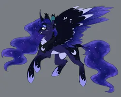 Size: 1769x1421 | Tagged: safe, artist:pretzelprince, derpibooru import, princess luna, alicorn, pony, alternate color palette, alternate design, belly fluff, blaze (coat marking), blue coat, blue eyes, blue fur, blue mane, blushing, chest fluff, coat markings, colored ears, colored eartips, colored pinnae, colored wings, concave belly, ear fluff, ear tufts, elbow fluff, ethereal mane, ethereal tail, facial markings, female, flying, g4, gray background, hoof shoes, hooves in air, image, in air, jewelry, leonine tail, lidded eyes, looking back, mare, multicolored mane, multicolored tail, multicolored wings, pale belly, png, princess shoes, profile, redesign, regalia, simple background, smiling, socks (coat marking), solo, spread wings, starry mane, starry tail, starry wings, tail, twitterina design, wavy mane, wavy tail, wing fluff, wingding eyes, wings