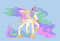 Size: 2048x1422 | Tagged: safe, alternate version, artist:dazzledoves, artist:pretzelprince, derpibooru import, princess celestia, alicorn, pony, alternate color palette, alternate design, beige coat, blaze (coat marking), blue background, blushing, chest fluff, coat markings, colored horn, colored pinnae, colored wings, concave belly, crown, dappled, ear fluff, ethereal mane, ethereal tail, eyebrows, eyebrows visible through hair, facial markings, female, fetlock tuft, g4, hoof shoes, horn, image, jewelry, leg fluff, leonine tail, long horn, long mane, long tail, looking up, mare, multicolored mane, multicolored tail, multicolored wings, neck fluff, no mouth, pale belly, partially open wings, png, princess shoes, purple eyes, raised hoof, redesign, regalia, simple background, solo, spread wings, standing, starry mane, starry tail, starry wings, tail, tail fluff, tiara, twitterina design, unicorn horn, unshorn fetlocks, wavy mane, wavy tail, wing fluff, wingding eyes, wings