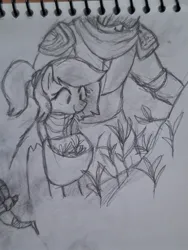 Size: 1536x2048 | Tagged: safe, artist:kabayo, derpibooru import, oc, unofficial characters only, earth pony, human, pony, duo, female, grayscale, head out of frame, image, jpeg, mare, monochrome, pencil drawing, plant, sketch, smiling, traditional art