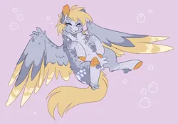Size: 1928x1350 | Tagged: safe, artist:pretzelprince, derpibooru import, derpy hooves, pegasus, pony, alternate color palette, alternate design, back fluff, belly fluff, blaze (coat marking), blonde mane, blonde tail, body freckles, bubble, chest fluff, coat markings, colored ear fluff, colored ears, colored hooves, colored muzzle, colored pinnae, colored wings, colored wingtips, cutie mark background, dappled, ear fluff, eye clipping through hair, eyebrows, eyebrows visible through hair, eyes closed, facial markings, female, fetlock tuft, flying, freckles, g4, hooves in air, image, in air, leg fluff, leg freckles, mare, multicolored wings, png, pubic fluff, purple background, redesign, simple background, smiling, solo, spread wings, tail, twitterina design, underhoof, unshorn fetlocks, wing fluff, wing freckles, wings