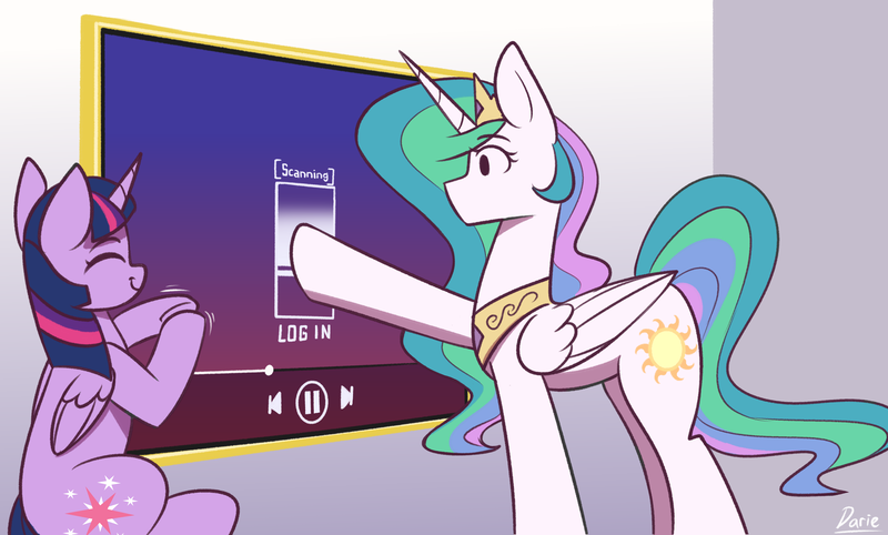 Size: 4800x2893 | Tagged: safe, artist:zeroonesunray, derpibooru import, princess celestia, twilight sparkle, twilight sparkle (alicorn), alicorn, pony, female, image, mare, meme, png, smiling, television