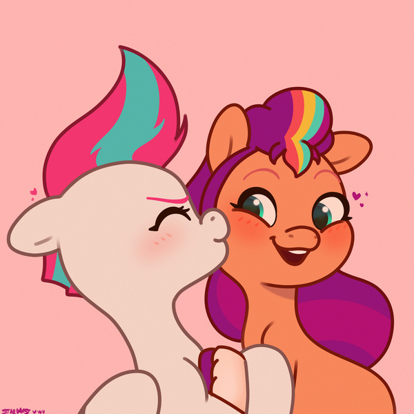 Size: 2480x2480 | Tagged: safe, artist:starburstuwu, derpibooru import, sunny starscout, zipp storm, earth pony, pegasus, pony, g5, blushing, eyes closed, female, floating heart, heart, high res, holding hooves, image, jpeg, kiss on the cheek, kissing, lesbian, mare, shipping, sunnyzipp