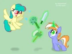 Size: 1920x1440 | Tagged: safe, artist:greenhoof, derpibooru import, oc, oc:alloy shaper, oc:compass aisle, unofficial characters only, pegasus, pony, unicorn, axe, duo, female, horn, image, mace, mare, png, simple background, sword, vector, weapon