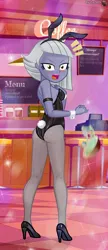 Size: 1305x3034 | Tagged: suggestive, artist:charliexe, derpibooru import, limestone pie, human, equestria girls, bangs, black coat, black suit, blushing, breasts, bunny ears, bunny suit, cafe, cash register, clothes, costume, counter, dropping, equestria girls-ified, female, fetish, food, g4, girly, high heels, high res, human coloration, humanized, image, indoors, interspecies, jpeg, legs, looking at you, looking back, looking back at you, menu, open mouth, playboy bunny, playboy bunny limestone pie, shoes, sideboob, solo, soup, unamused, wrist cuffs