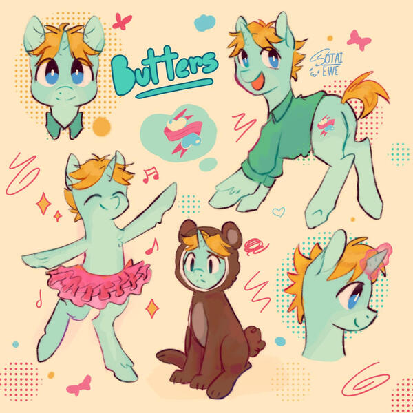 Size: 1280x1280 | Tagged: safe, artist:sotaiewe, derpibooru import, ponified, pony, unicorn, 2023, butters stotch, clothes, costume, cute, dancing, frown, heart, horn, image, jpeg, kigurumi, leopold butters stotch, male, music notes, shirt, smiling, solo, south park, tutu