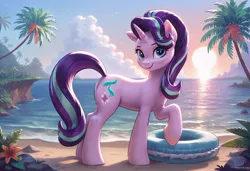 Size: 1216x832 | Tagged: safe, ai content, banned from derpibooru, deleted from derpibooru, derpibooru import, generator:civitai, machine learning generated, stable diffusion, starlight glimmer, pony, unicorn, beach, cloud, female, floaty, g4, generator:pony diffusion v6 xl, horn, image, jpeg, looking at you, palm tree, pool toy, prompter:emilia starsong, solo, solo female, sunset, tree