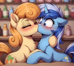 Size: 2304x2048 | Tagged: safe, ai content, derpibooru import, generator:autismmixpony, machine learning generated, stable diffusion, carrot top, golden harvest, minuette, earth pony, pony, unicorn, fanfic:bitter harvest, bar, blushing, bottle, chest fluff, cute, duo, duo female, ear fluff, eyebrows, eyebrows visible through hair, eyes closed, fanfic art, female, floppy ears, g4, high res, hoof around neck, horn, image, indoors, kiss on the lips, kissing, lesbian, looking at someone, mare, png, prompter:tyto4tme4l, ship:goldengate, shipping, shoulder fluff, surprise kiss, table, wide eyes
