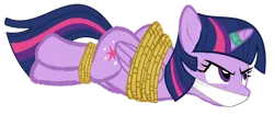 Size: 1024x432 | Tagged: safe, artist:soupcanz, derpibooru import, twilight sparkle, alicorn, pony, angry, bondage, bound wings, cloth gag, female, g4, gag, hooves behind back, image, magic suppression, png, ropes, solo, wings