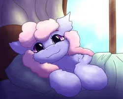 Size: 2274x1849 | Tagged: safe, artist:gosha305, derpibooru import, rainbowshine, earth pony, pony, bed, bust, cheek fluff, crepuscular rays, cute, digital art, ear fluff, female, fluffy, g4, image, looking at you, lying down, mare, morning, morning ponies, png, portrait, side, smiling, smiling at you, solo, under the covers, window