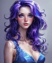 Size: 1280x1536 | Tagged: safe, ai content, derpibooru import, generator:playground ai, machine learning generated, prompter:pawels, rarity, human, bare shoulders, blushing, breasts, bust, busty rarity, cleavage, clothes, dress, female, freckles, g4, gradient background, humanized, image, looking at you, messy hair, png, sleeveless, sleeveless dress, solo