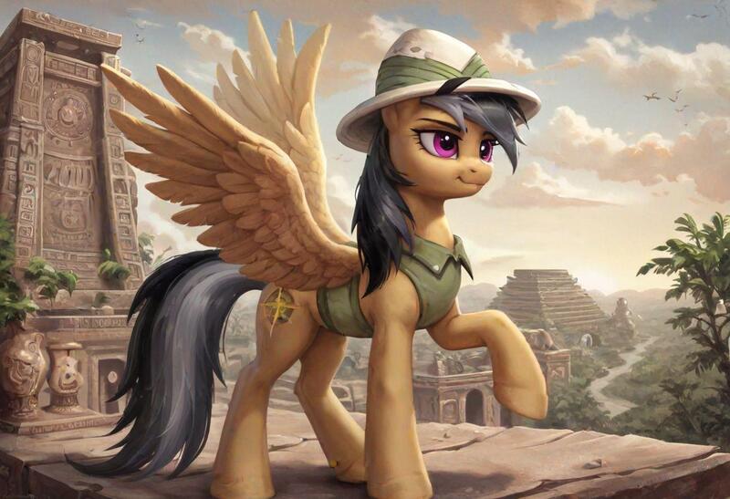 Size: 1216x832 | Tagged: safe, ai content, derpibooru import, generator:civitai, machine learning generated, stable diffusion, daring do, pegasus, aztec, clothes, cloud, female, forest, g4, generator:pony diffusion v6 xl, hat, image, jpeg, jungle, nature, prompter:emilia starsong, sky, solo, solo female, spoilers for another series, spread wings, temple, tree, wings