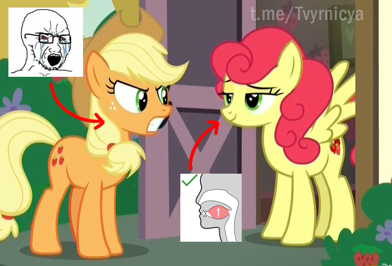 Size: 939x637 | Tagged: safe, derpibooru import, edit, edited screencap, editor:rimour, screencap, applejack, strawberry sunrise, earth pony, pegasus, pony, honest apple, angry, calm, duo, duo female, female, g4, image, irritated, looking at each other, looking at someone, meme, mewing, png, ponyville, quiet, wojak