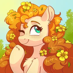 Size: 2000x2000 | Tagged: safe, artist:skysorbett, derpibooru import, pear butter, earth pony, pony, bust, buttercup, chest fluff, curly hair, curly mane, eyebrows, female, flower, flower in hair, g4, image, mare, one eye closed, png, portrait, smiling, solo, sun