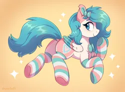 Size: 2372x1742 | Tagged: safe, artist:skysorbett, derpibooru import, oc, oc:fairy wind, unofficial characters only, pegasus, pony, accessory, butt, clothes, colored wings, cute, female, image, mare, pegasus oc, plot, png, simple background, smiling, socks, solo, sparkles, striped socks, wings