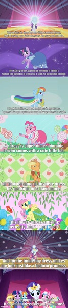 Size: 500x2250 | Tagged: safe, derpibooru import, edit, edited screencap, screencap, applejack, fluttershy, pinkie pie, rainbow dash, rarity, twilight sparkle, suited for success, caption, clothes, comic, dress, fashion show, g4, gala dress, image, image macro, imgflip, jpeg, mane six, screencap comic, talking to viewer, text