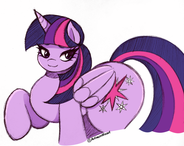 Size: 2048x1630 | Tagged: safe, artist:artmorheart, derpibooru import, twilight sparkle, twilight sparkle (alicorn), alicorn, pony, adorasexy, butt, cute, g4, image, large butt, png, raised hoof, sexy, smiling, twibutt