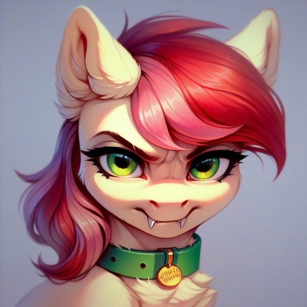 Size: 1024x1024 | Tagged: safe, ai content, derpibooru import, machine learning generated, prompter:doom9454, stable diffusion, roseluck, pony, angry, bust, collar, fangs, fluffy, generator:pony diffusion v6 xl, image, looking at you, pet tag, png, pony pet, portrait, rosepet